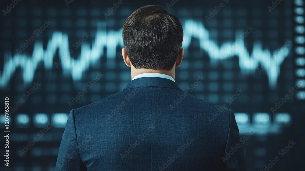 Poster the data strategist: a businessman, seen from behind, intently observes a digital stock chart fluctu