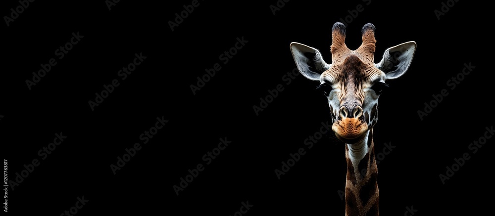 Poster giraffe portrait with striking facial features against a solid black background creating ample empty
