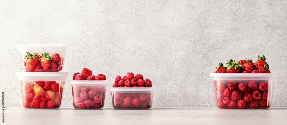 Poster fresh red strawberries and raspberries in transparent glass containers on a light gray background wi