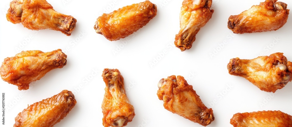 Poster crispy golden fried chicken wings arranged symmetrically on a pristine white background with ample e