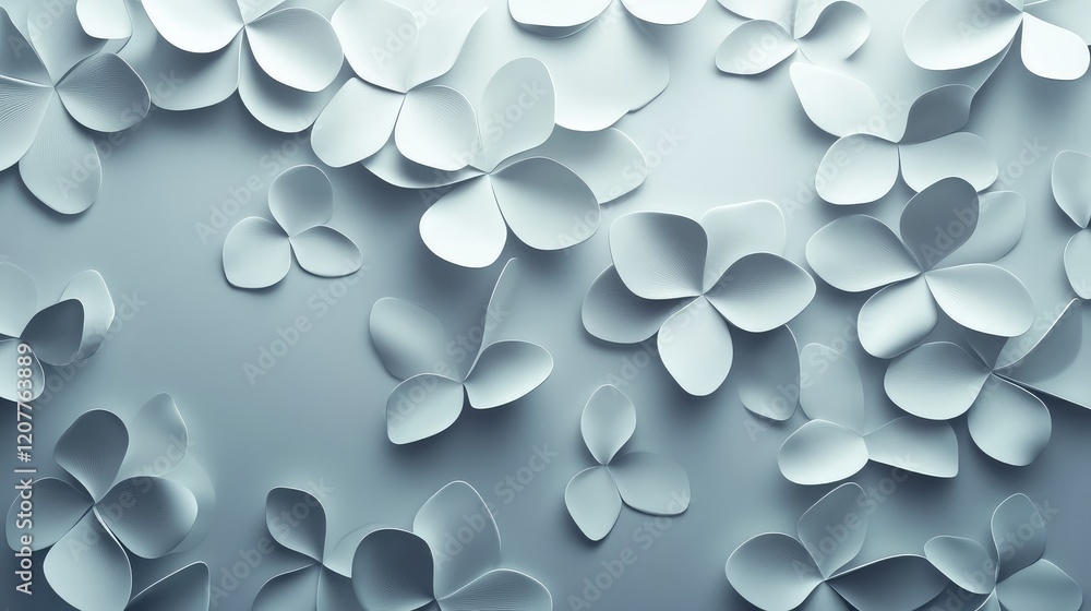 Poster white floral paper cutouts creating a soft textured background in light gray tones with modern aesth
