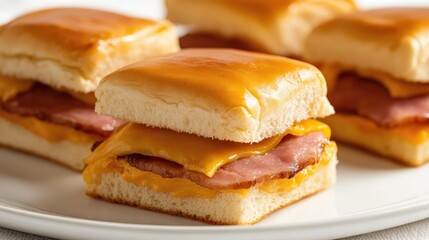 Delicious ham and cheese sliders served on soft slider buns for a savory snack or appetizer option on a clean white background