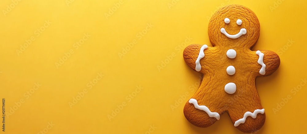 Poster gingerbread man cookie placed on a vibrant yellow background with ample empty space for text, captur