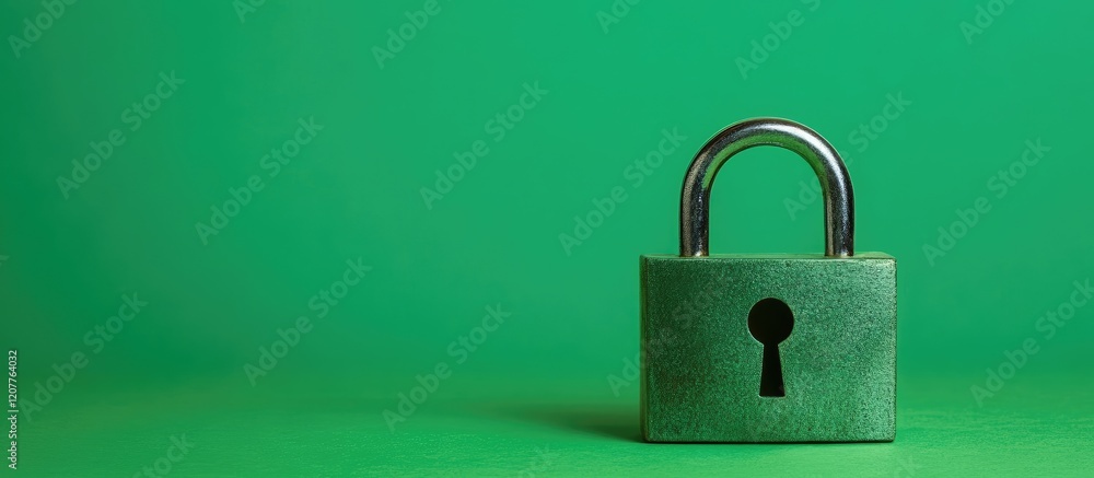 Poster vibrant green data protection concept featuring an unlocked silver padlock positioned on the right w