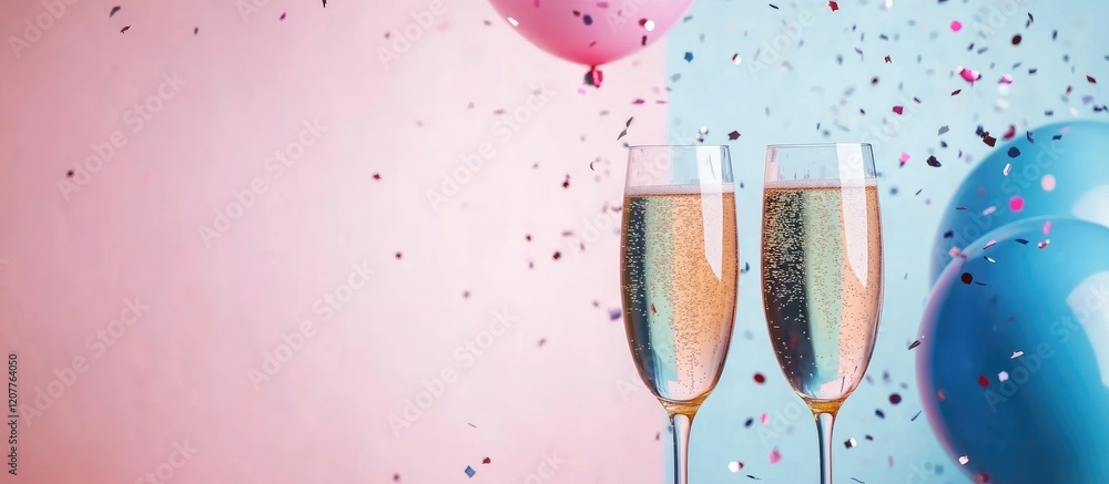 Poster elegant champagne toast surrounded by colorful confetti and balloons in soft pink and blue tones wit
