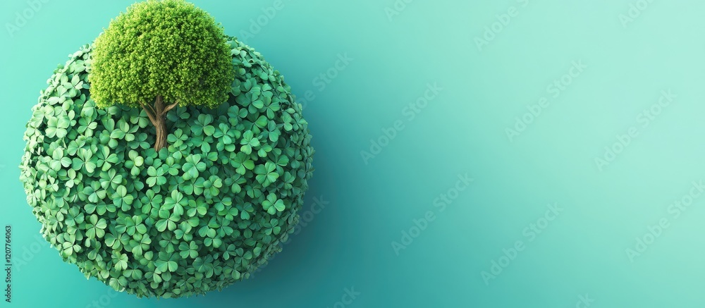 Aufkleber lush green clover sphere adorned with a vibrant tree atop against a soothing turquoise background fe