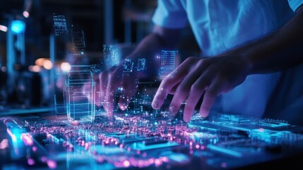 Software engineer interacting with a holographic interface in augmented reality, programming a 3d model of a smart city and managing data flow in an innovative environment