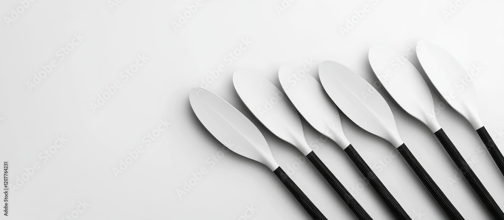 Poster minimalist monochrome design featuring black and white oars arranged on a light gray background with