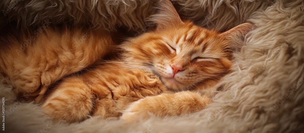 Poster ginger cat with fluffy wild fur peacefully sleeping in human arms on soft beige fur background with 