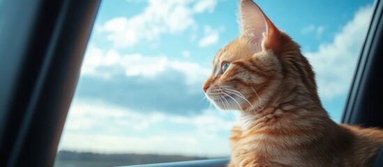 Curious ginger cat perched on owner's lap in car, gazing out of window against a backdrop of blue sky and clouds, ideal for text overlay.