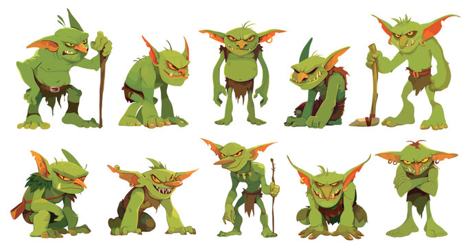 Cartoon goblins. Green fantasy monster characters poses, evil ugly fairy tale creature troll mascot set vector illustration