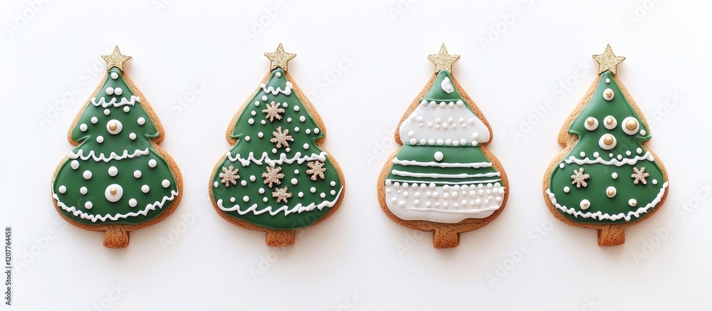 Poster decorative gingerbread christmas tree cookies in green and white royal icing arranged on a white bac