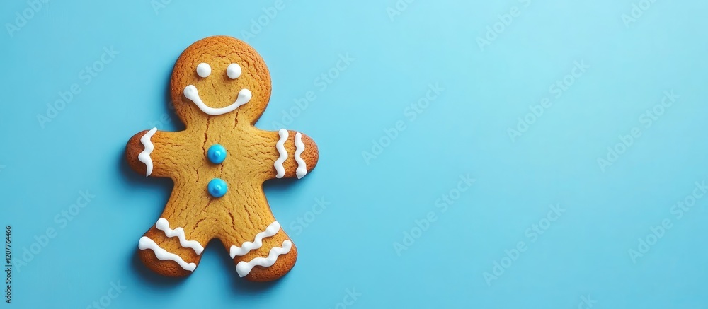 Aufkleber gingerbread cookie in smiling pose on light blue background with icing details and empty space for c