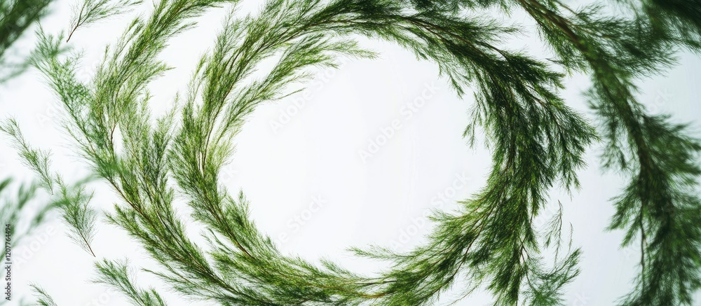 Poster swirling green branches forming a circular frame on white background with ample copy space for text 