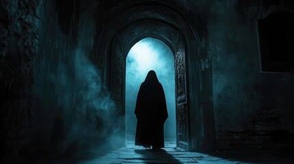 Mysterious hooded figure in dark cloak standing at foggy stone entrance illuminated by ethereal blue light in ancient archway setting