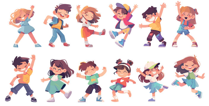 Naklejki Cartoon kids dance. Group boys girls children dancing music, happy birthday party fun activity set vector illustration