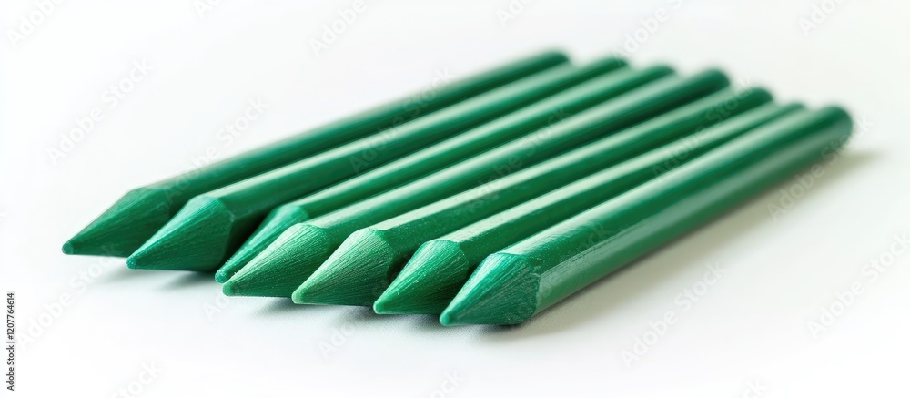 Poster green crayons arranged neatly on white background with ample copy space for creative text and design