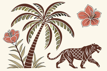  Vintage Tropical Summer Shape Set with Palm Tree, Tiger, and Flower in Geometric Mosaic Style