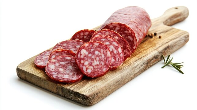 Hard salami slices arranged on a rustic wooden cutting board with herbs against a clean white background