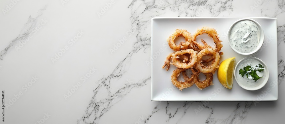 Poster fried calamari rings arranged on a white rectangular plate with lemon wedge and tartar sauce in whit