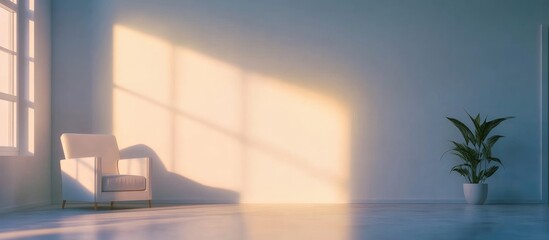 Sunlit minimalist living room interior featuring modern decor with soft shadows, pastel colors, and indoor plant against a light blue wall backdrop.