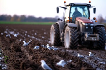 A farmer drives a tractor through a vast field filled with birds, reflecting the daily routine and connection between agriculture and wildlife in harmony.
