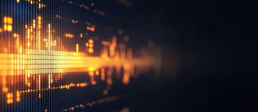 Vibrant Music Equalizer Background Featuring Dynamic Sound Bars in Golden and Blue Tones with Ample Dark Space for Text Placement - Powered by Adobe