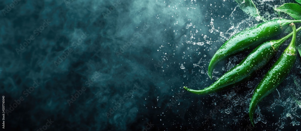 Poster fresh green chilies gracefully swaying amidst mist and water splashes on a dark textured background 