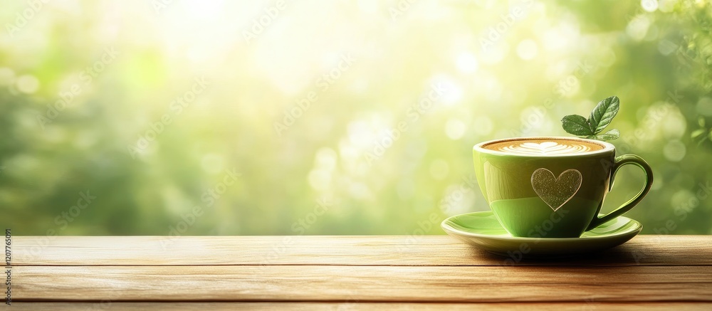 Poster green coffee cup with heart shaped latte art on rustic wooden table surrounded by soft greenery and 