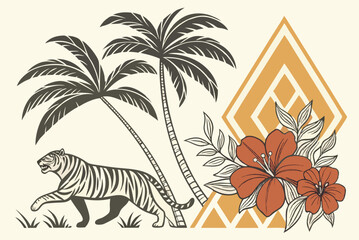  Vintage Tropical Summer Shape Set with Palm Tree, Tiger, and Flower in Geometric Mosaic Style
