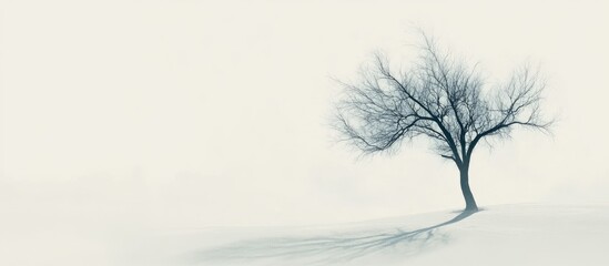 Serene Winter Landscape with Bare Tree Silhouette Against a Soft White Background for Minimalist Poem Art and Text Space