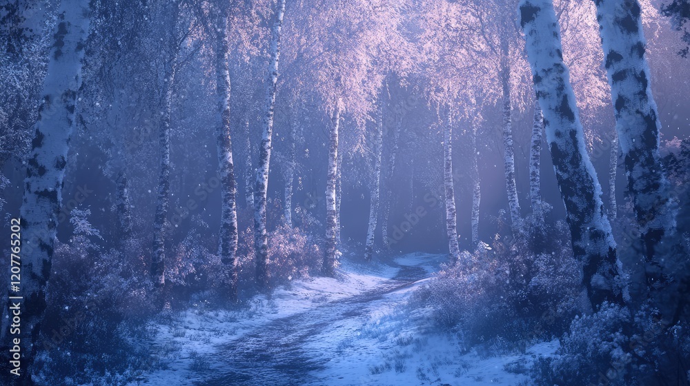 Poster enchanting frost-covered birch trees in a tranquil blue-hued forest path, illuminated by soft light,