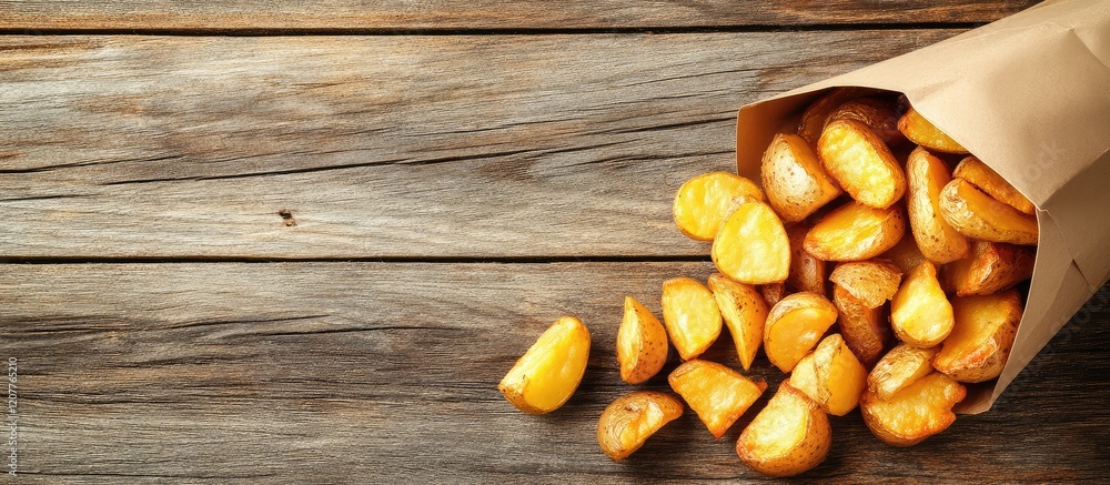 Poster fried golden potatoes spilling from a brown paper bag on a rustic wooden table with empty space for 
