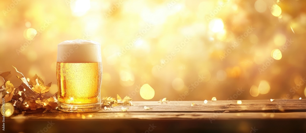 Poster beer glass with golden liquid and frothy head on wooden table against blurred warm bokeh background 