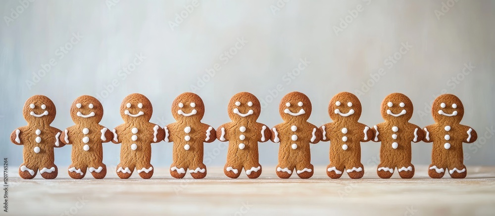 Poster festively decorated gingerbread cookies in a perfect row on a light gray table with ample empty spac