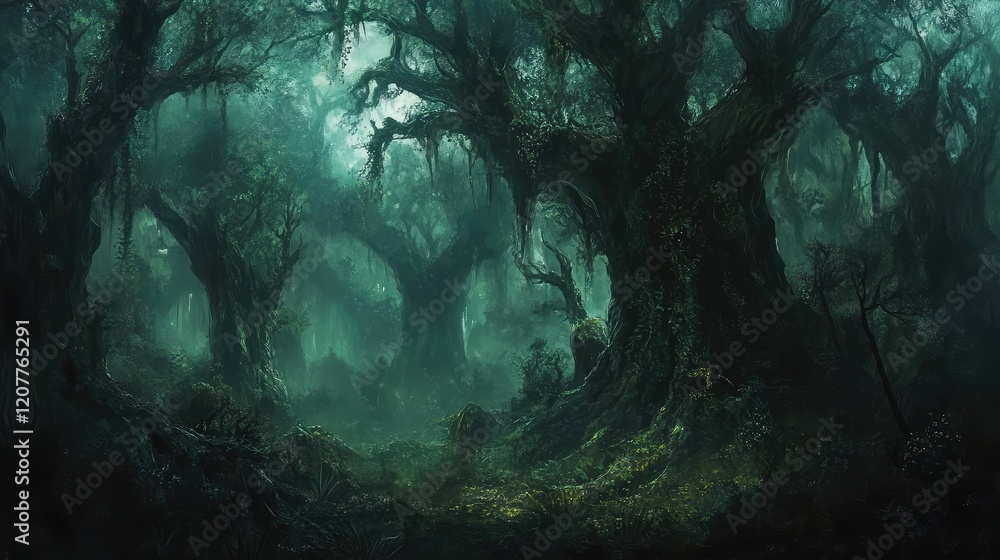 Poster mysterious enchanted dark forest with dense green trees and ethereal fog in an atmospheric wildernes