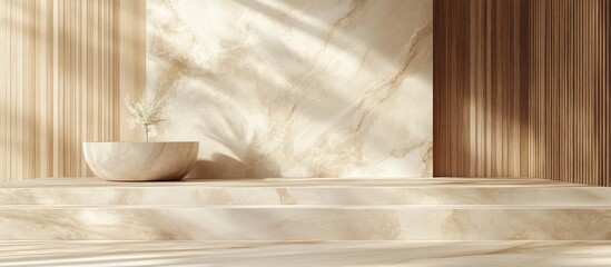 Serene Minimalist Interior Featuring Light Beige Marble and Natural Wood Textures with Elegant Art Piece and Spacious Area for Custom Text