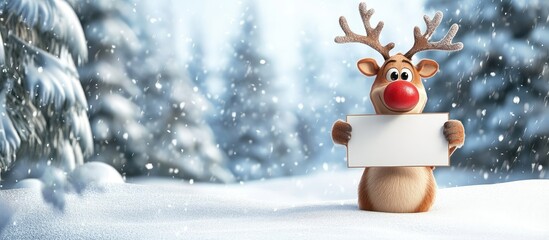 Cheerful cartoon reindeer with red nose holding blank sign in snowy winter landscape with evergreen trees and soft snowfall ambiance