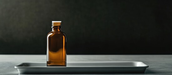 Amber glass bottle of liquid medicine placed on a sterile metallic tray against a dark background with ample copy space.