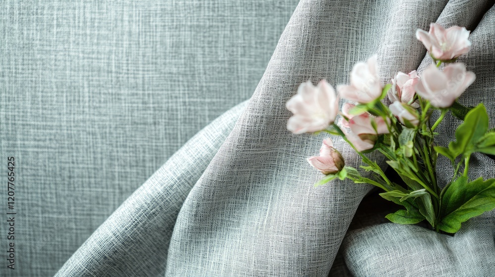 Poster elegant gray textured fabric with soft floral arrangements creating a tranquil and serene atmosphere
