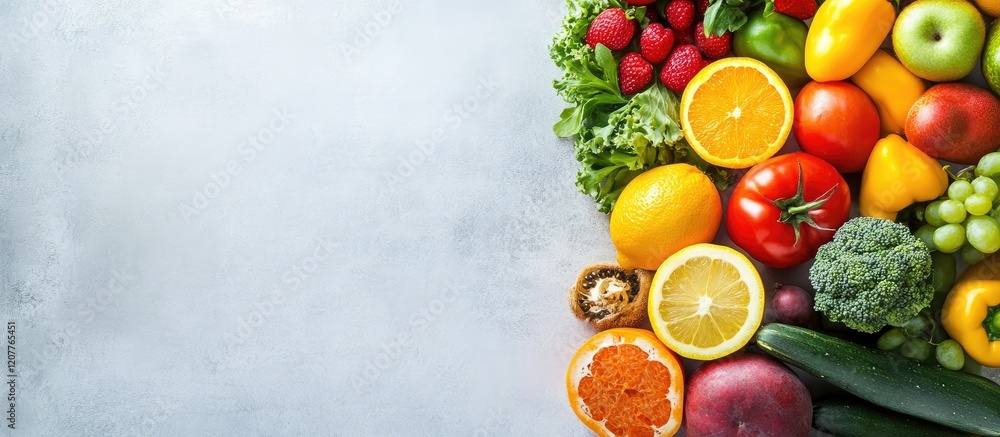 Poster vibrant assortment of fresh fruits and vegetables in a rainbow of colors arranged on a textured gray