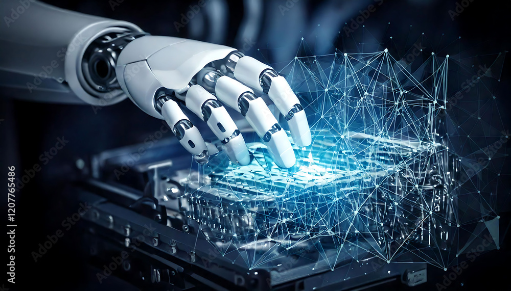 Poster a futuristic robotic hand interacts with a glowing digital network, showcasing advanced ai and autom