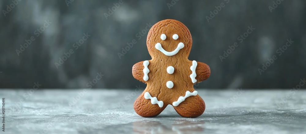 Poster homemade gingerbread cookies on rustic gray background with empty space for holiday text display cel