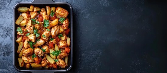 Golden fried chicken and crispy French fries arranged on a black non-stick silicone oven dish with fresh parsley and empty space for text on a dark textured background