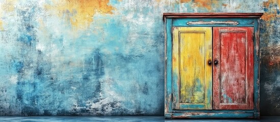 Colorful vintage cupboard mounted on a textured blue and orange wall with a blank space for text, ideal for design and decoration concepts.