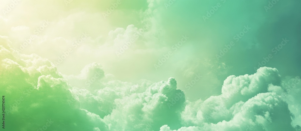 Poster serene green cloud computing background with soft puffy clouds and gentle light, ideal for text over
