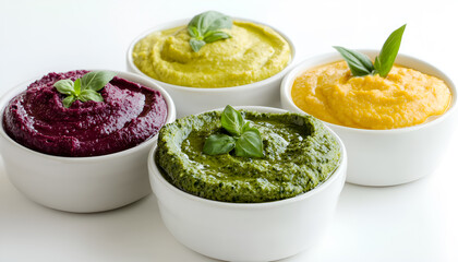 Colorful hummus bowls, healthy vegan dips. Traditional Middle eastern, green and beetroot hummus, spread