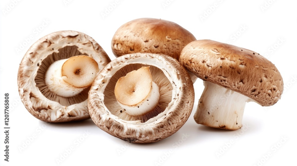 Poster fresh mushroom cores displayed on a clean white background showcasing their unique textures and natu