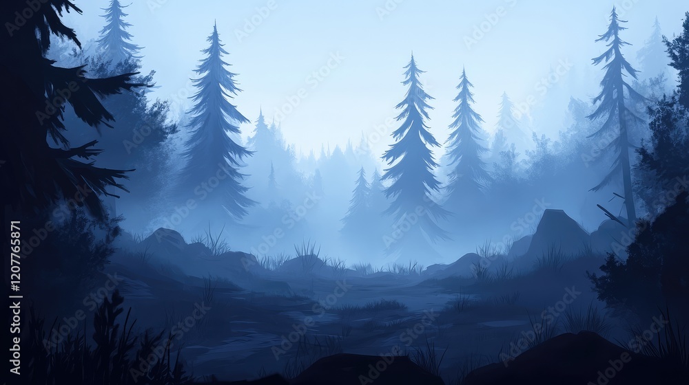 Poster ethereal blue fog enveloping a serene sparse forest with tall pine trees and moss-covered rocks in a