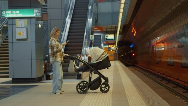 Young mother multitasking, checking smartphone while waiting with baby stroller at subway station platform, showcasing modern urban parenting lifestyle
